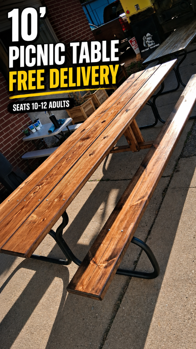 Handcrafted 10-Foot Pine Picnic Table with Powder Coated Steel Frame