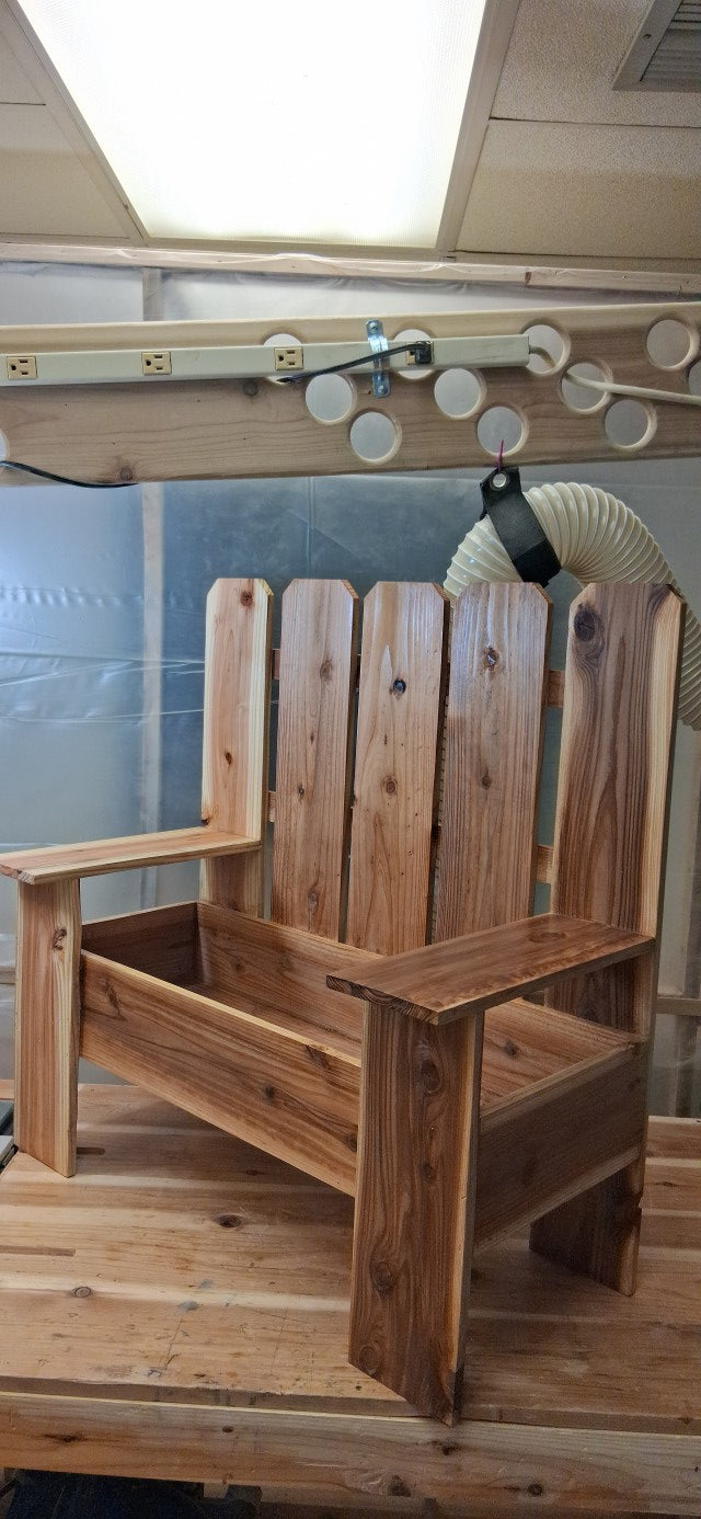 Cedar Adirondack bench planter in workshop - completed